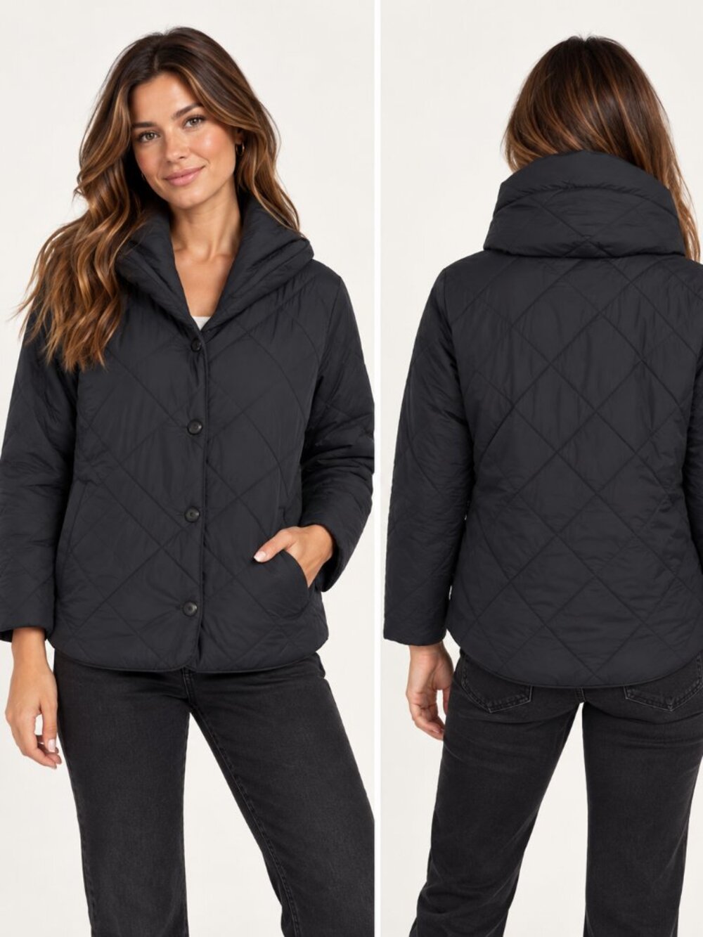 A New Day Black Quilted Jacket M Detachable Scarf Collar Puffer